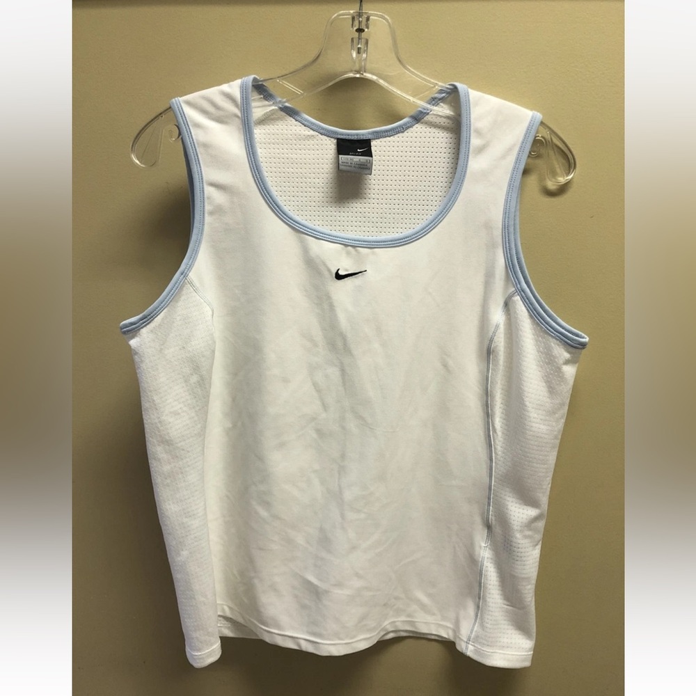 Nike Crew Neck Dri Fit Tank Women L Large White Blue Tennis Yoga Run Gym